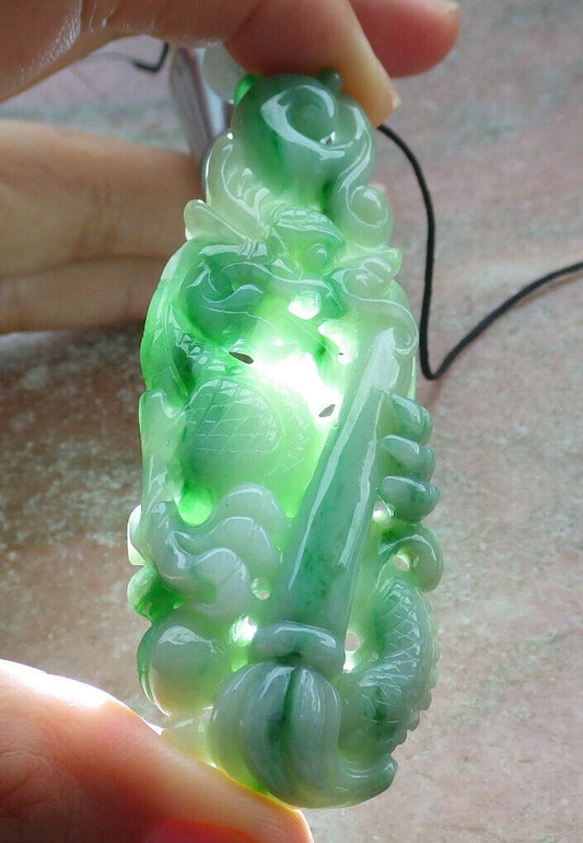 ertified Green Burma 100% Natural A Jade jadeite Pendant Dragon Pen Lotus Flower Necklace 生意兴隆 632975  TN