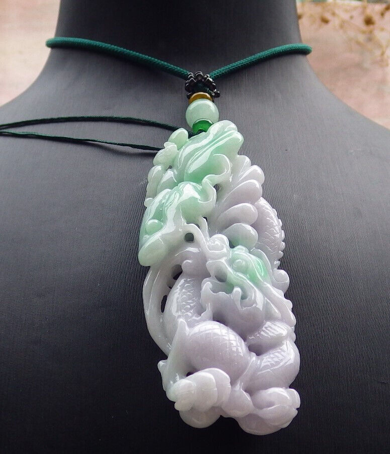 Certified Lavender Green Burma 100% Natural A Jade jadeite Pendant  Dragon Bat Lotus Leaf Necklacde 生意兴隆 636213  TN