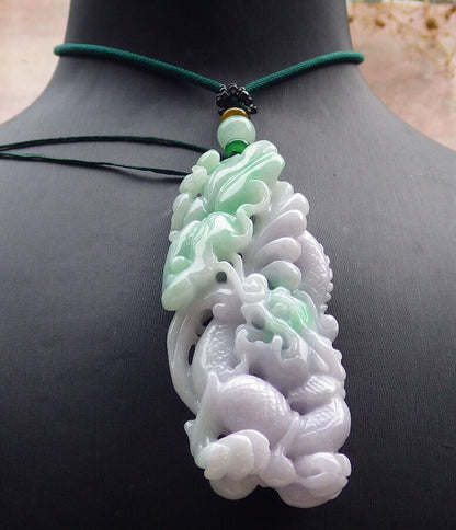 Certified Lavender Green Burma 100% Natural A Jade jadeite Pendant  Dragon Bat Lotus Leaf Necklacde 生意兴隆 636213  TN
