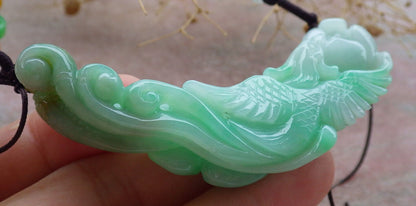 Certified Green Burma 100% Natural A Jade jadeite Pendant Phoenix Flower Ruyi Necklace 凤凰 636603  TN