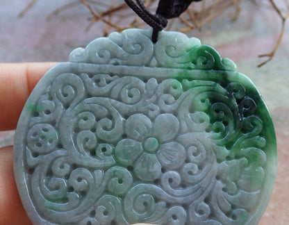 Certified Green Pale Lavender 100% Natural A Jade jadeite Pendant Bat Dragon Flower Coin Ruyi * Fu * Necklace 龙蝙蝠花牌 529263  TN