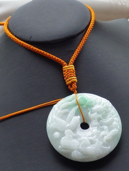 Certified Green 100% Natural A Jade jadeite pendant Mandarin Duck Dragon Phoenix 5 Bat Necklace 龙凤 519621  TN
