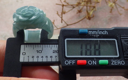 Certified Icy Green Burma 100% Natural A JADE Jadeite Rose Flower RING USA. 8.5 花戒指 633926  TN