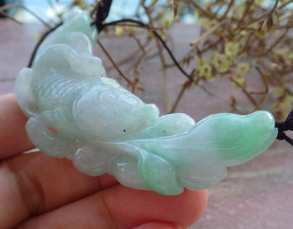 Certified Green Pale Lavender Burma 100% Natural A Jade jadeite Pendant Fish Lotus Necklace 年年有余 633059  TN