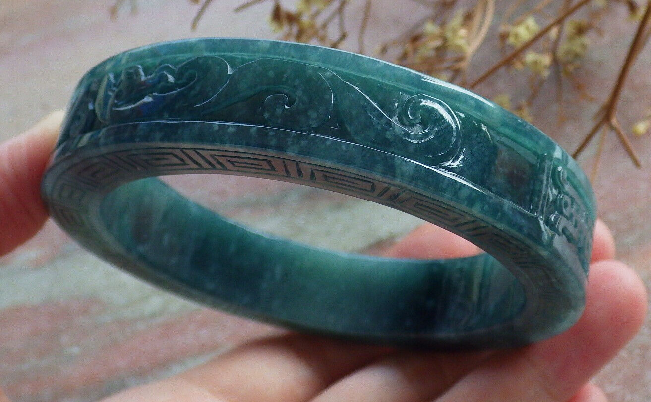 Certified Icy Green Burma 100% Natural A JADE Jadeite Dragon Phoenix Bangle Bracelet 64 mm 手镯 633660  TN