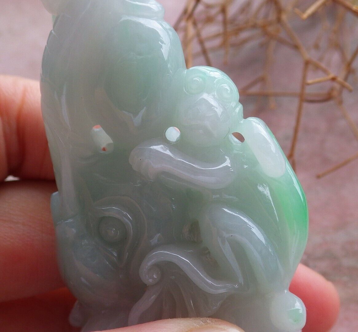 Certified Green 100% Natural A Jade jadeite Display Elephant Monkey Lotus Flower Ruyi Necklace 封侯拜相 521119 *TN* Include woodstand