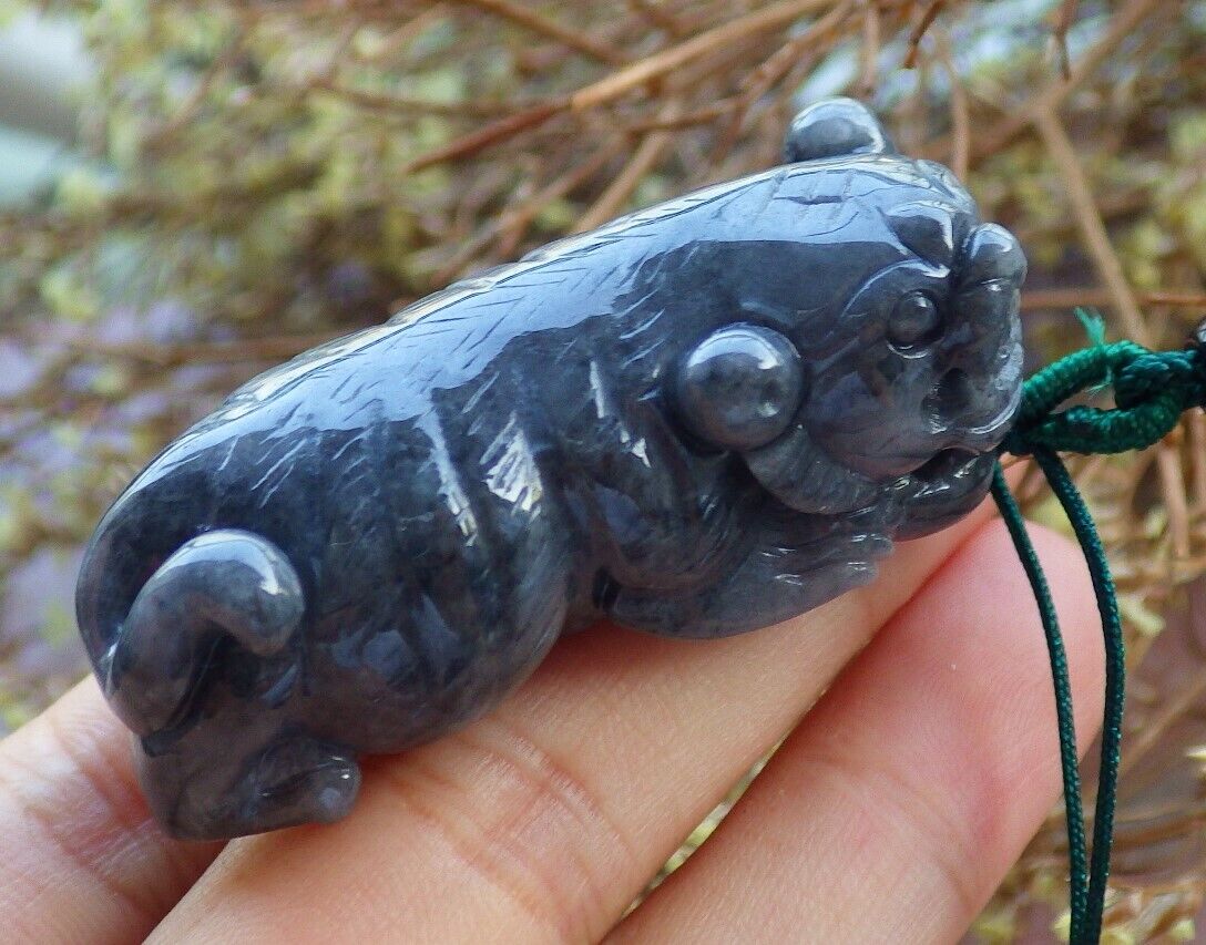 Certified Black 100% Natural A Jade jadeite pendant Tiger Necklace 虎虎生威 525468  TN