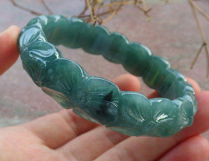 Certified Icy Green Burma 100% Natural A JADE Jadeite Flower Bangle Bracelet 57 mm 手镯 634192  TN