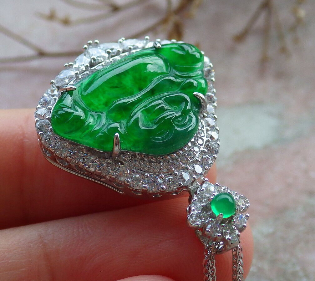 Icy Green Silver 925 Certified Burma 100% Natural A JADE Jadeite pendant Happy Buddha God Necklace 佛公 635238  TN
