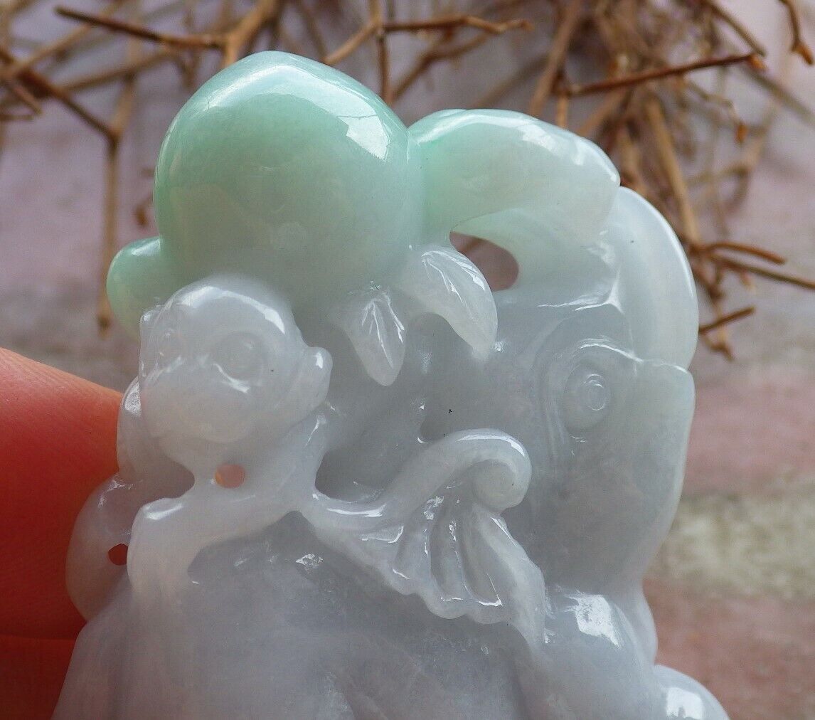 Certified Green Pale Lavender 100% Natural A Jade jadeite Display Elephant Monkey Peach 封侯拜相 528499  TN** Include woodstand **