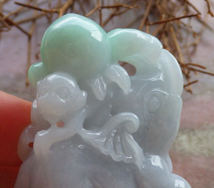 Certified Green Pale Lavender 100% Natural A Jade jadeite Display Elephant Monkey Peach 封侯拜相 528499  TN** Include woodstand **