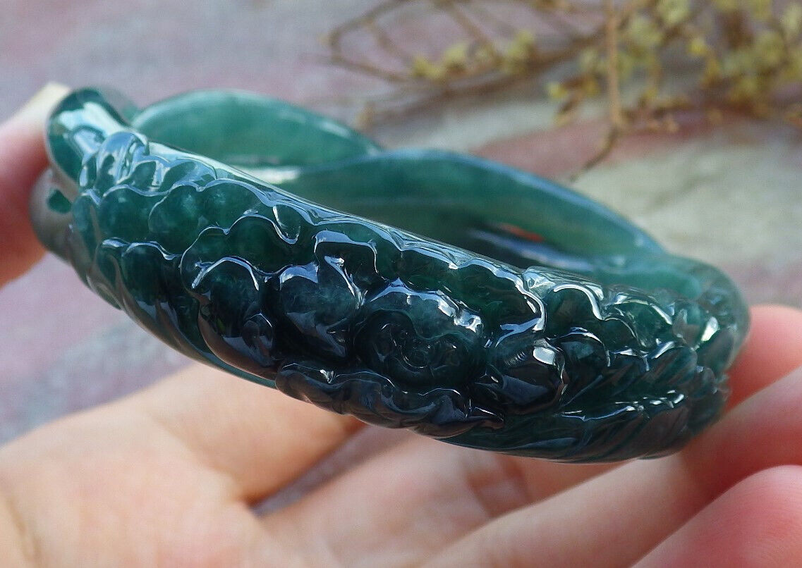 Certified Icy Blue Water Green Burma 100% Natural A JADE Jadeite Flower Knotted Bangle Bracelet 56.5 mm 手镯 632789  TN