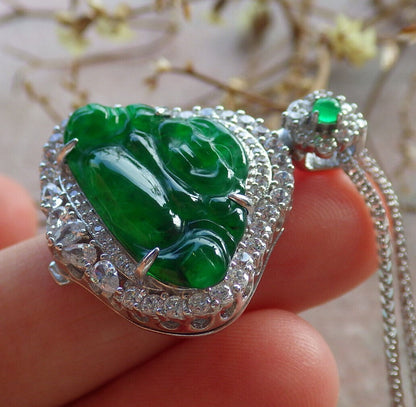 Icy Green Silver 925 Certified Burma 100% Natural A JADE Jadeite pendant Happy Buddha God Necklace 佛公 635173  TN