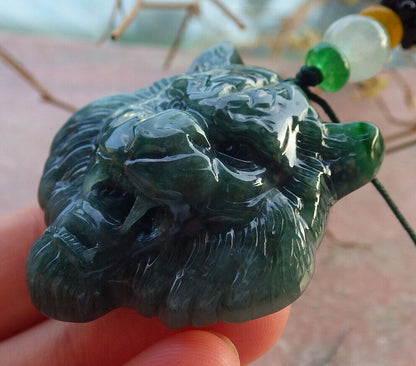 Certified Icy Green Burma 100% Natural A Jade jadeite Pendant Tiger Head Necklace 虎虎生威 634320  TN