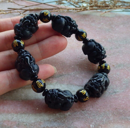 Certified Green Black Burma 100% Natural A JADE Jadeite Bead Beads Bangle Dragon Pi Xiu Coin Bracelet 墨翠风水貔貅手链 565180 TN