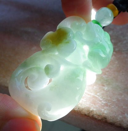 Certified Green Yellow Burma 100% Natural A Jade jadeite Pendant Frog Toad Ruyi Coin Necklace 招财蟾 633090  TN