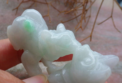 Certified Green Pale Lavender 100% Natural A Jade jadeite Display Pendant Twin Cat 招财猫 520700  TN ** Include woodstand **