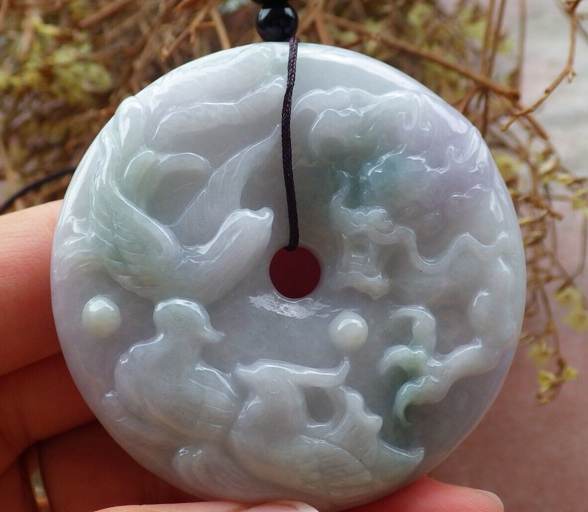 Certified Green Pale Lavender 100% Natural A Jade jadeite pendant Mandarin Duck Dragon Phoenix 5 Bat Necklace 龙凤524984   TN