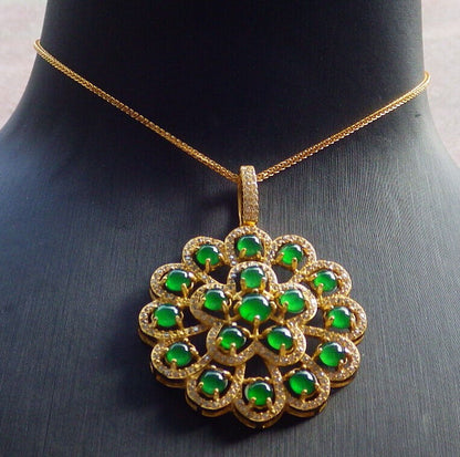 Icy Green Silver 925 Certified Burma 100% Natural A JADE Jadeite pendant Cabochon Flower Necklace 花开富贵 635118  TN