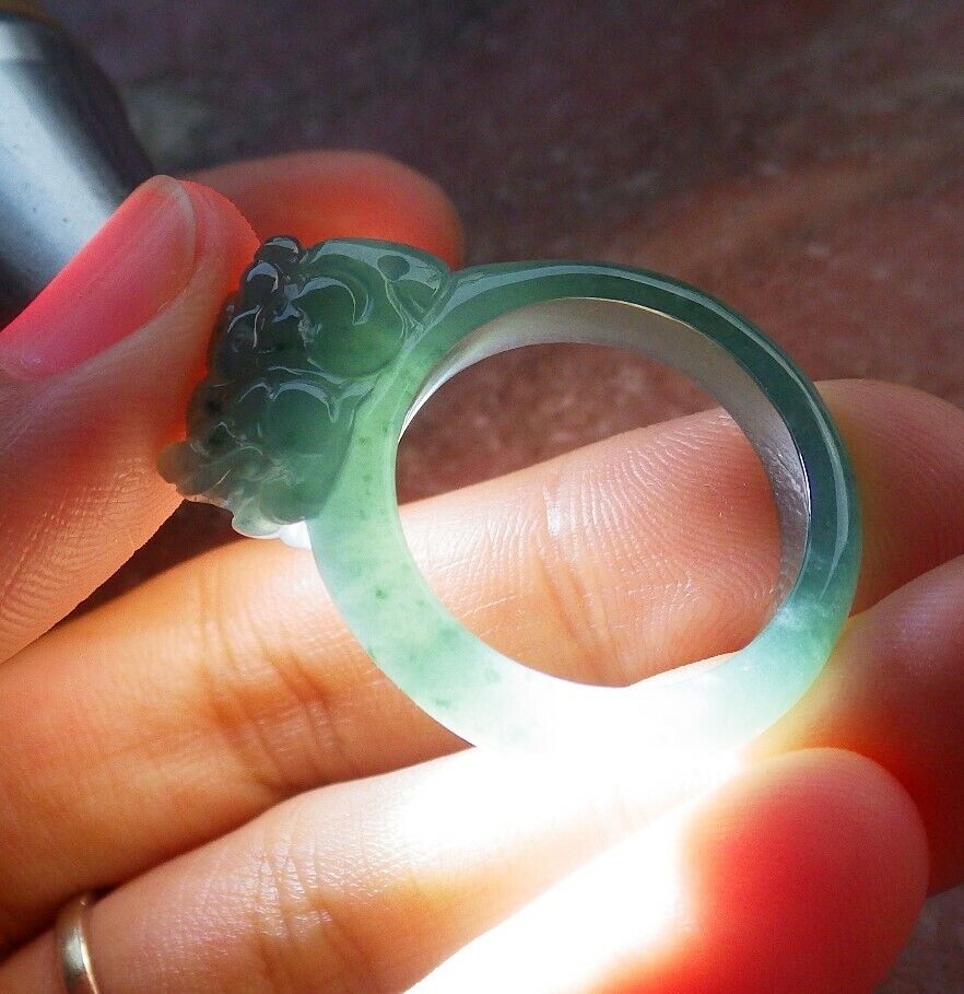 Certified Icy Green 100% Natural A JADE Jadeite Dragon Pi Xiu RING USA. 9.25 风水貔貅戒指 530032  TN