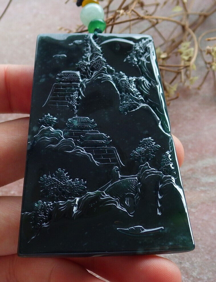 Atestita Glacia Blua Akvo Birmo 100% Natura A Jadejadeito Pendilo Pejzaĝa Pentrado Arba Koliero 山水画 634462 TN