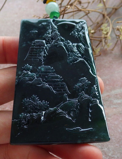 Atestita Glacia Blua Akvo Birmo 100% Natura A Jadejadeito Pendilo Pejzaĝa Pentrado Arba Koliero 山水画 634462 TN