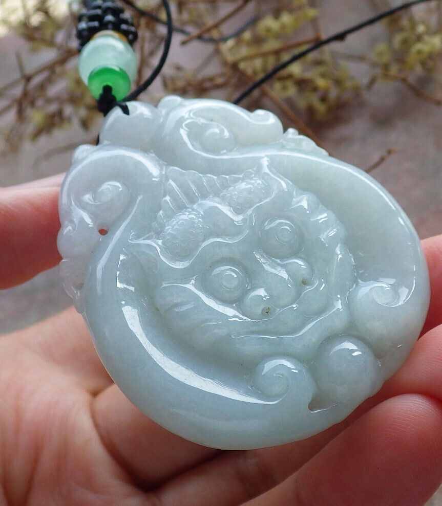 Certified Green Burma 100% Natural A Jade jadeite Pendant Dragon Ruyi Necklace 生意兴隆 633508  TN
