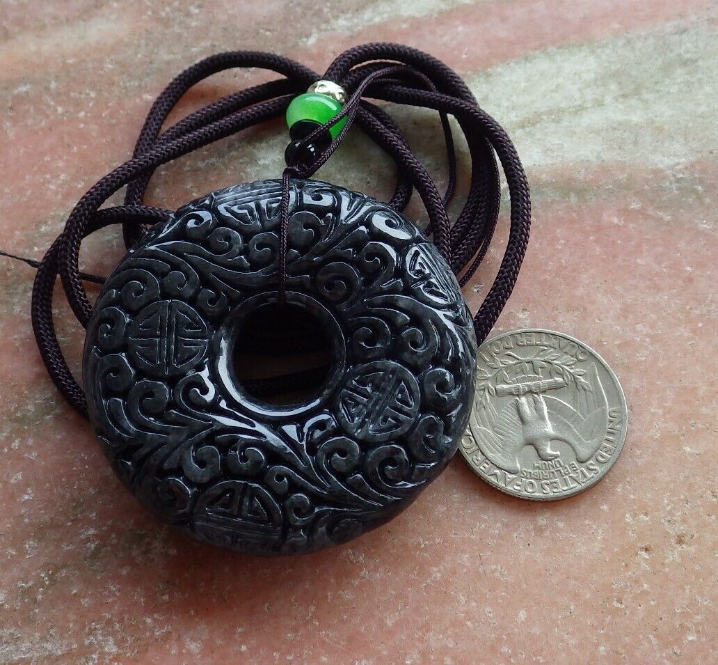 Certified Black 100% Natural A Jade jadeite pendant Longevity Lotus Flower Circle Necklace 花平安扣 523913  TN