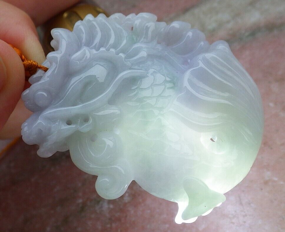 Certified Green Pale Lavender 100% Natural A Jade jadeite Pendant Dragon Fish Bead Money Coin Necklace 龙鱼 520364  TN