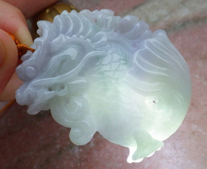 Certified Green Pale Lavender 100% Natural A Jade jadeite Pendant Dragon Fish Bead Money Coin Necklace 龙鱼 520364  TN