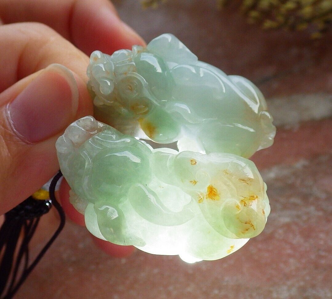 Pair Certified Green Red Burma 100% Natural A Jade jadeite Pendant Dragon Pi Xiu Money Coin Necklace 风水貔貅 573983 TN