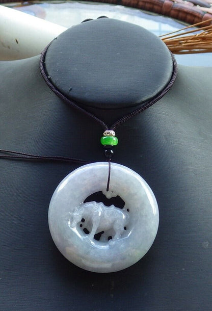 Certified Green Pale Lavender 100% Natural A Jade jadeite pendant Cow Ox Circle Necklace 风水牛 523719  TN
