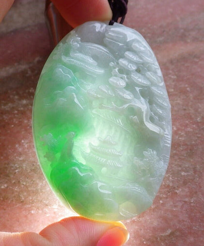 Certified Green Burma 100% Natural A Jade jadeite Landscape painting Tree Necklace 山水画 525706  TN
