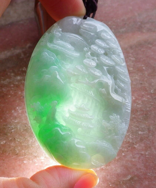 Certified Green Burma 100% Natural A Jade jadeite Landscape painting Tree Necklace 山水画 525706  TN