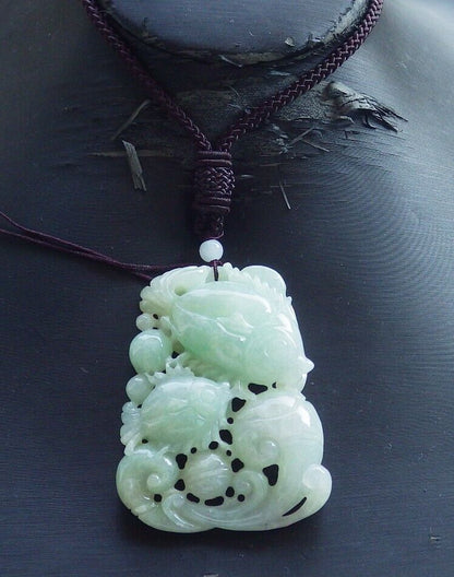 Certified Green Burma 100% Natural A Jade jadeite Pendant Fish Coin Ruyi Necklace 年年有余 574209 TN