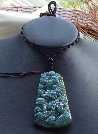 Certified Green Yellow 100% Natural A Jade jadeite Landscape painting Tree Necklace 山水画 529705  TN