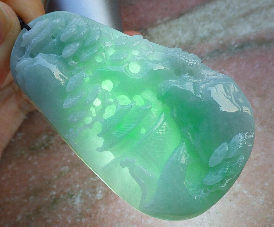 Certified Green 100% Natural A Jade jadeite Landscape painting Tree Necklace Necklace 山水画 519550  TN