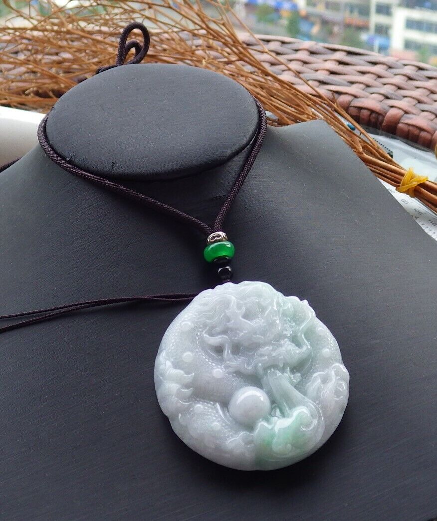 Certified Green 100% Natural A Jade jadeite pendant Dragon Lotus Flower Ruyi Bead Necklace 生意兴隆 520810  TN