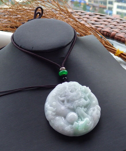 Certified Green 100% Natural A Jade jadeite pendant Dragon Lotus Flower Ruyi Bead Necklace 生意兴隆 520810  TN