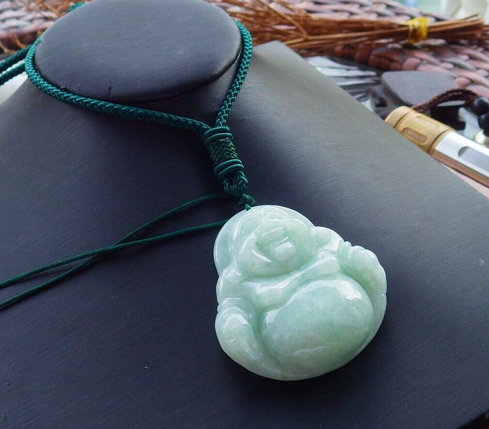 Certified Green Burma 100% Natural A Jade jadeite pendant Happy Buddha God Necklace 开心佛 525627  TN