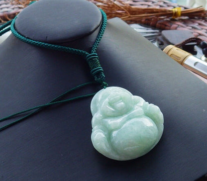 Certified Green Burma 100% Natural A Jade jadeite pendant Happy Buddha God Necklace 开心佛 525627  TN