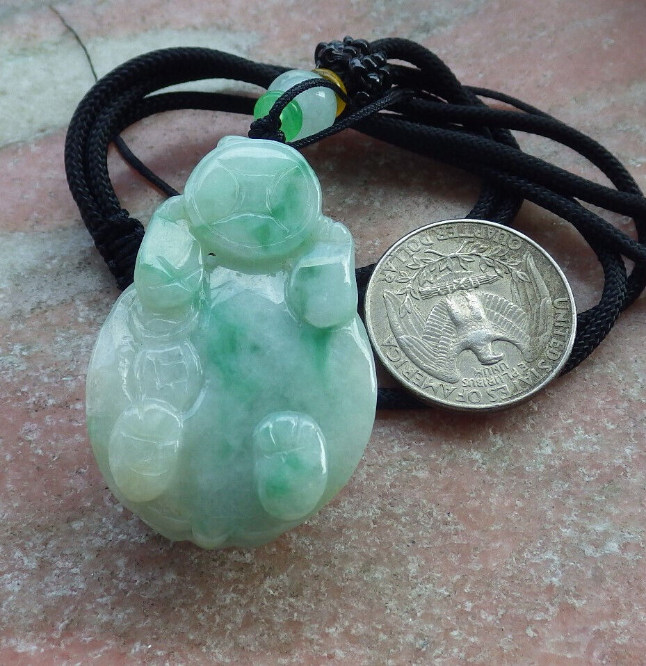 Certified Green Burma 100% Natural A Jade jadeite Pendant Dragon Turtle Snake Coin Necklace 龙龟 633018  TN