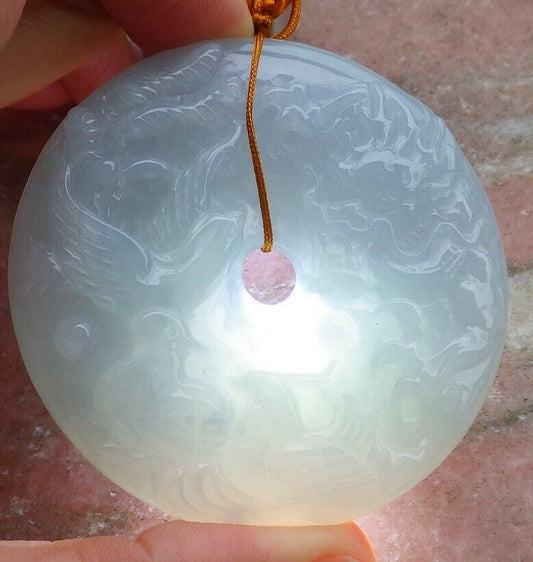 Certified Pale Green Lavender 100% Natural A Jade jadeite Dragon Phoenix 5 Bat Necklace 五福龙凤 519611  TN