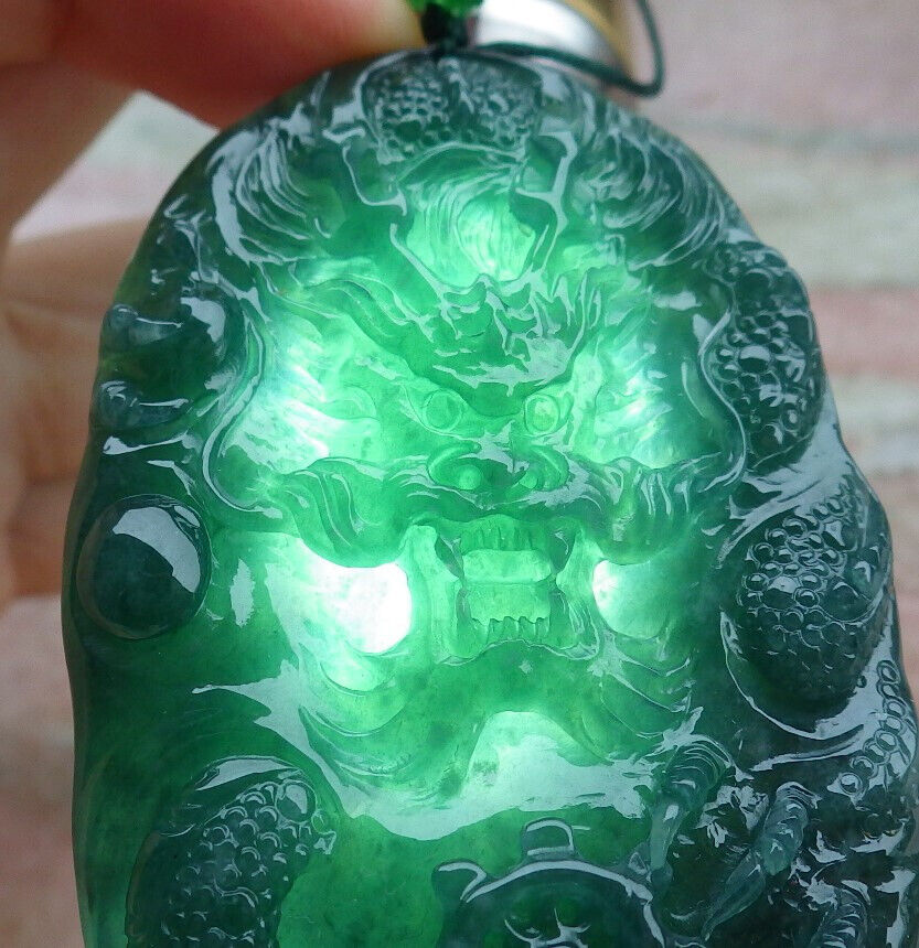 Certified Icy Green Burma 100% Natural A Jade jadeite Pendant Dragon Bead Necklace 生意兴隆 636299  TN