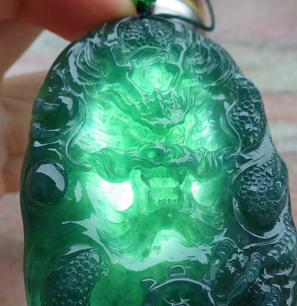 Certified Icy Green Burma 100% Natural A Jade jadeite Pendant Dragon Bead Necklace 生意兴隆 636299  TN