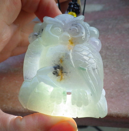 Certified Green Yellow Pale Lavender Burma 100% Natural A Jade jadeite Pendant Owl Coin Bamboo Necklace 猫头鹰 632911  TN