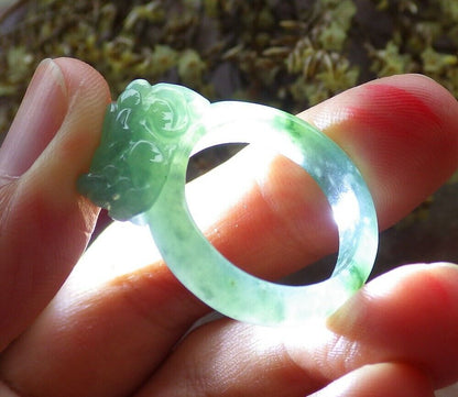 Certified Icy Green 100% Natural A JADE Jadeite Dragon Pi Xiu RING USA. 8.75 戒指 523786  TN