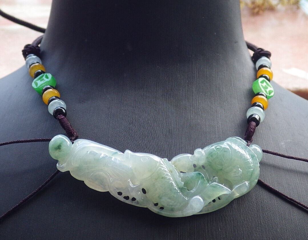 Certified Icy Green Burma 100% Natural A Jade jadeite Pendant Fish Lotus Leaf Necklace 年年有余 632943  TN