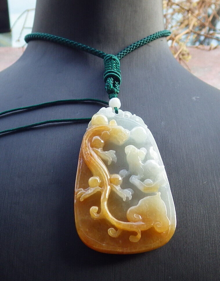 Certified Yellow Burma 100% Natural A Jade jadeite Pendant Dragon Pi Xiu Mouse Rat Ruyi Bead Necklace 风水貔貅 634137  TN