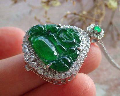 Icy Green Silver 925 Certified Burma 100% Natural A JADE Jadeite pendant Happy Buddha God Necklace 佛公 635107   TN